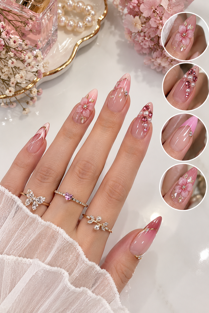 Glamorous Pink Blossom Manicure Flat Lay