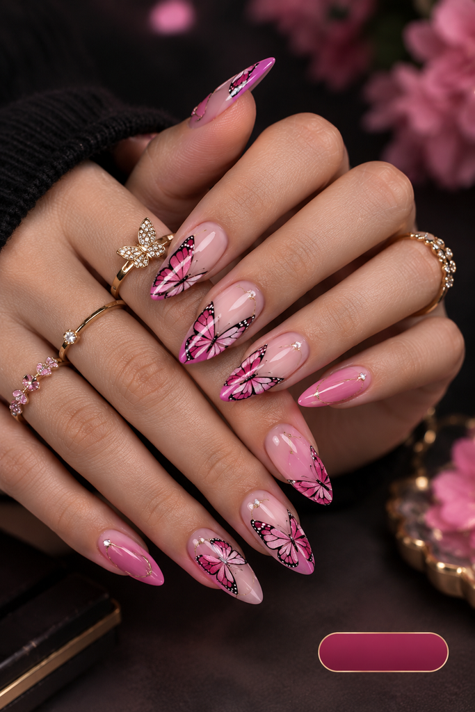 Glamorous Pink Butterfly Nail Art