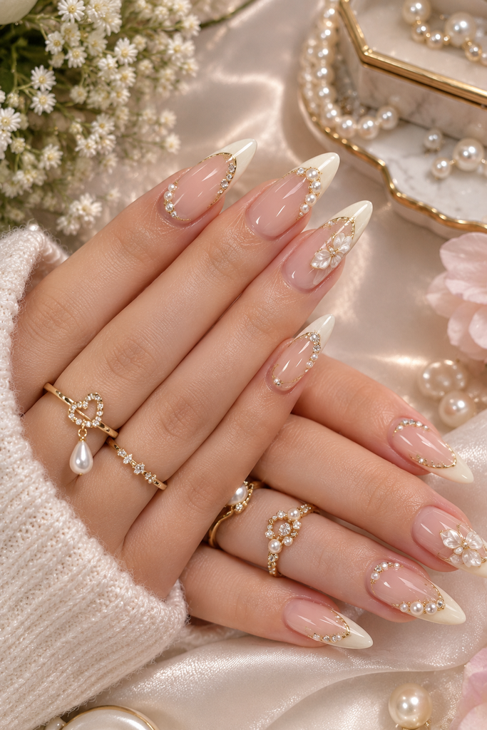 Luxury Pearl Embellished Bridal Manicure
